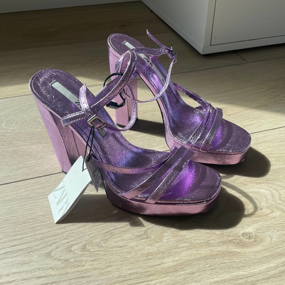 ZARA METALLIC PLATFORM HEELED SANDALS STRAPPY PURPLE - US 8 - Picture 12 of 14